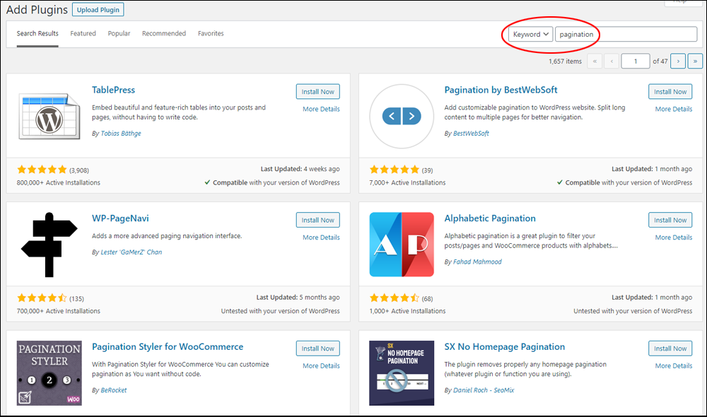 WordPress Pagination plugin search results.