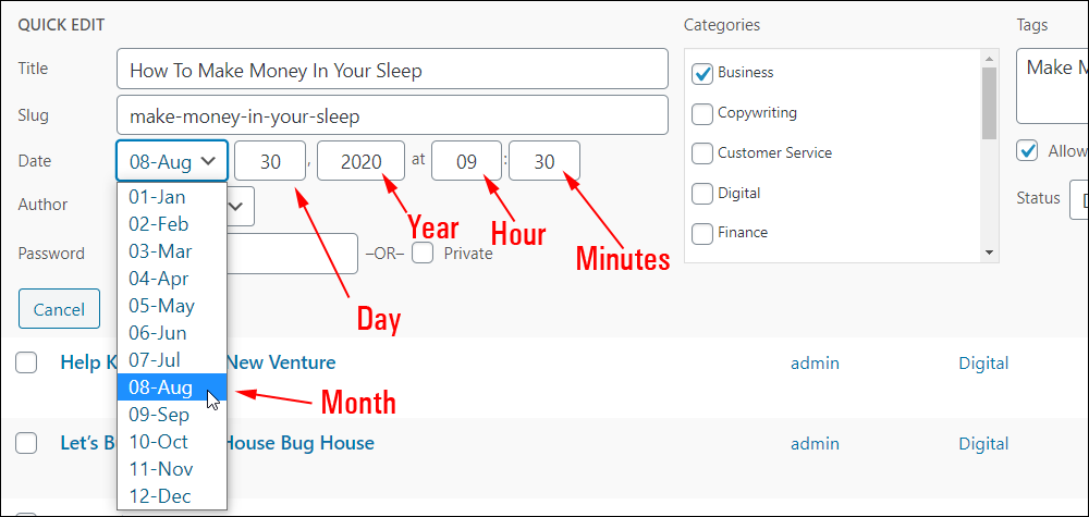 Quick Edit - Date and time fields.