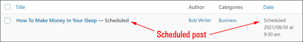 Table of Posts - Scheduled Post.