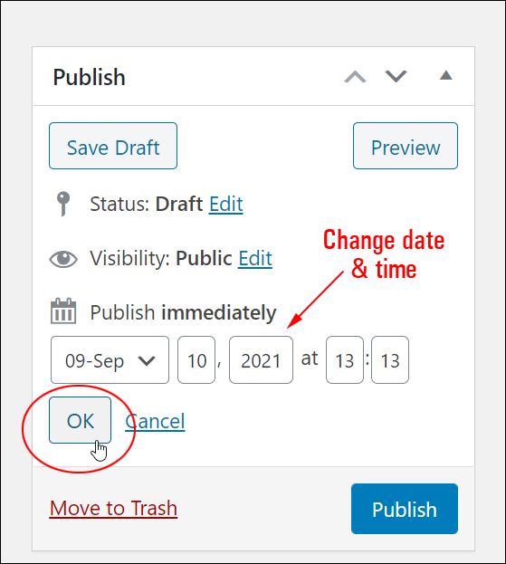 Publish box - date and time values.