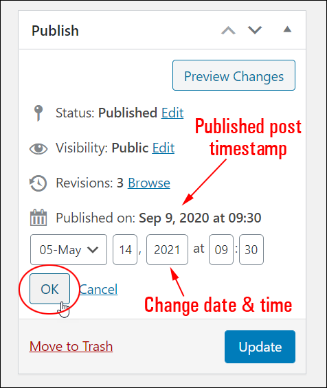 Publish box - date and time values.