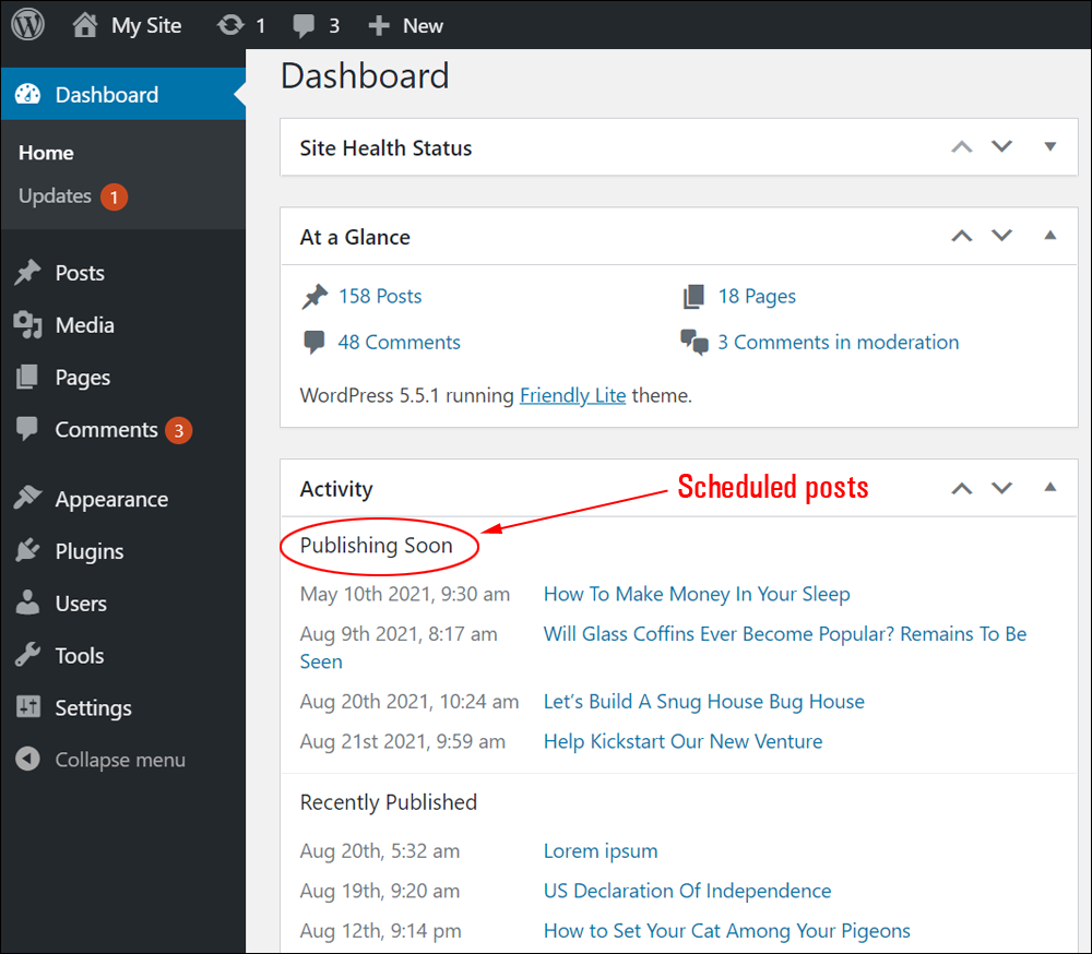 WordPress Dashboard: Activity panel - Scheduled posts.