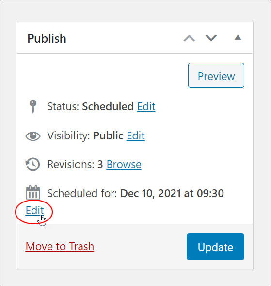 Publish box - Scheduled for: Edit