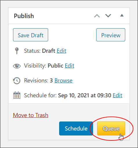 Publish Box with Queue button added.