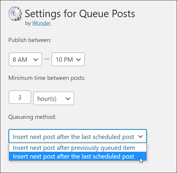 Queue Posts plugin - Settings For Queueing Posts