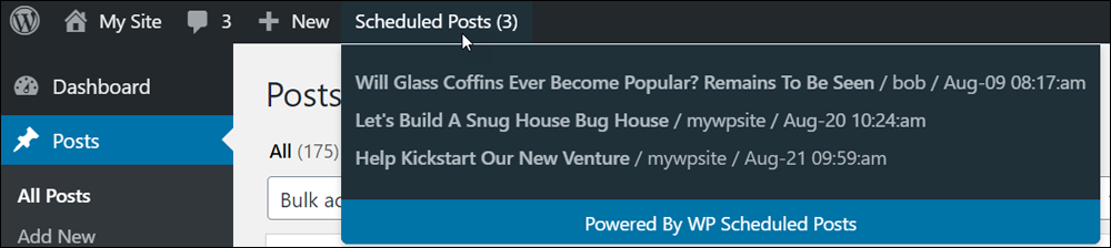 WP Scheduled Posts - Admin Toolbar list of scheduled posts.
