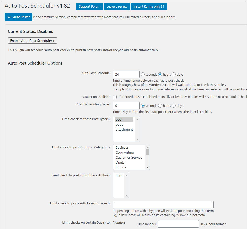 AutoPost Scheduler settings screen.