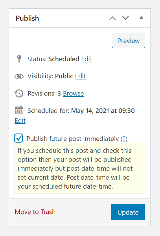 WP Scheduled Posts feature: Publish future post immediately.