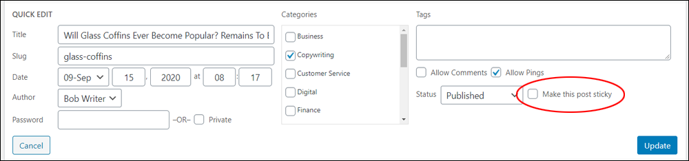Quick Edit - 'Make this post sticky' option.