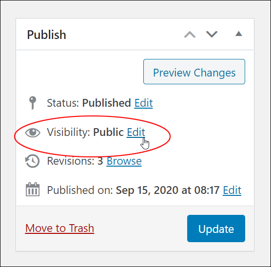 Publish box visibility edit settings.