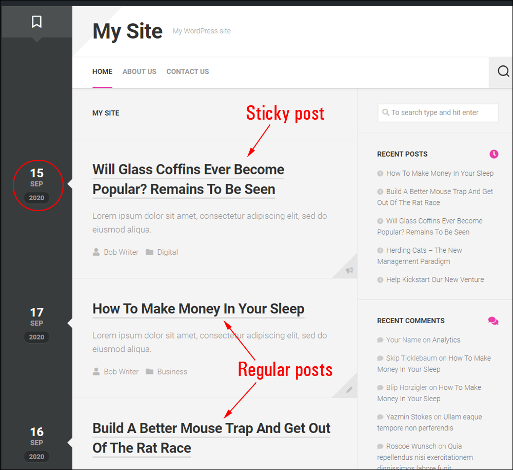 Blog posts page with sticky post.