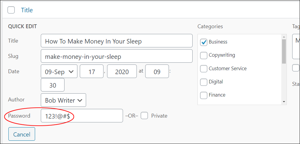 Quick Edit - Password field.