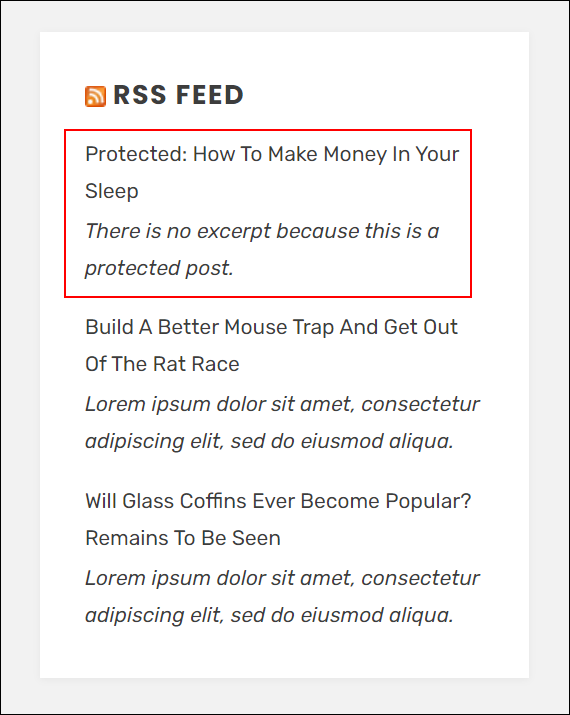 RSS Feed widget with password-protected entry.