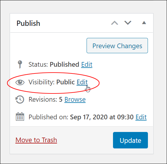 Publish box - Visibility: Public - Edit link.