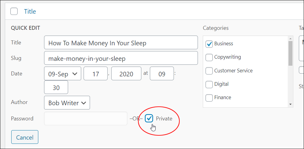 Quick Edit - Private checkbox.