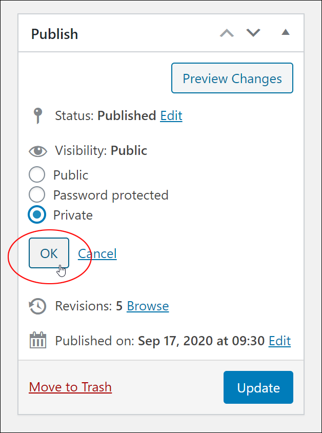 Publish box - Private option.