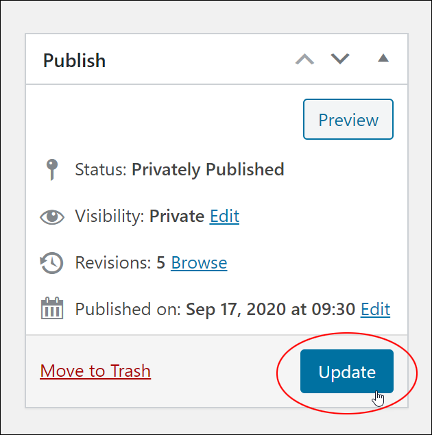 Publish box - Update button.