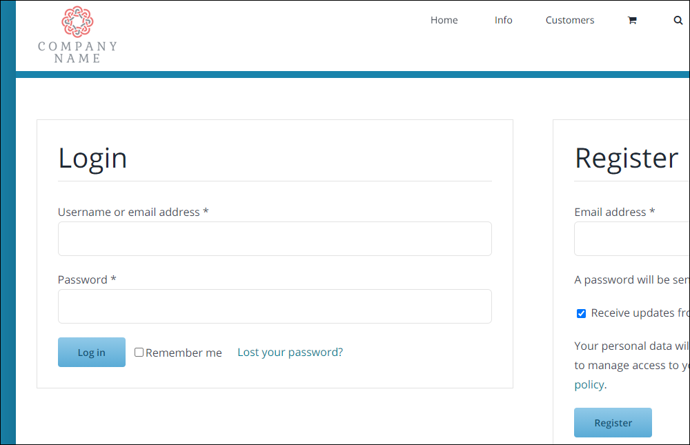 eCommerce - Customer login screen.