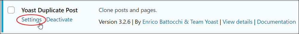 WordPress Plugins screen - Yoast Duplicate Post - Settings link.