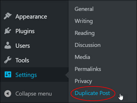 Settings Menu - Duplicate Post.