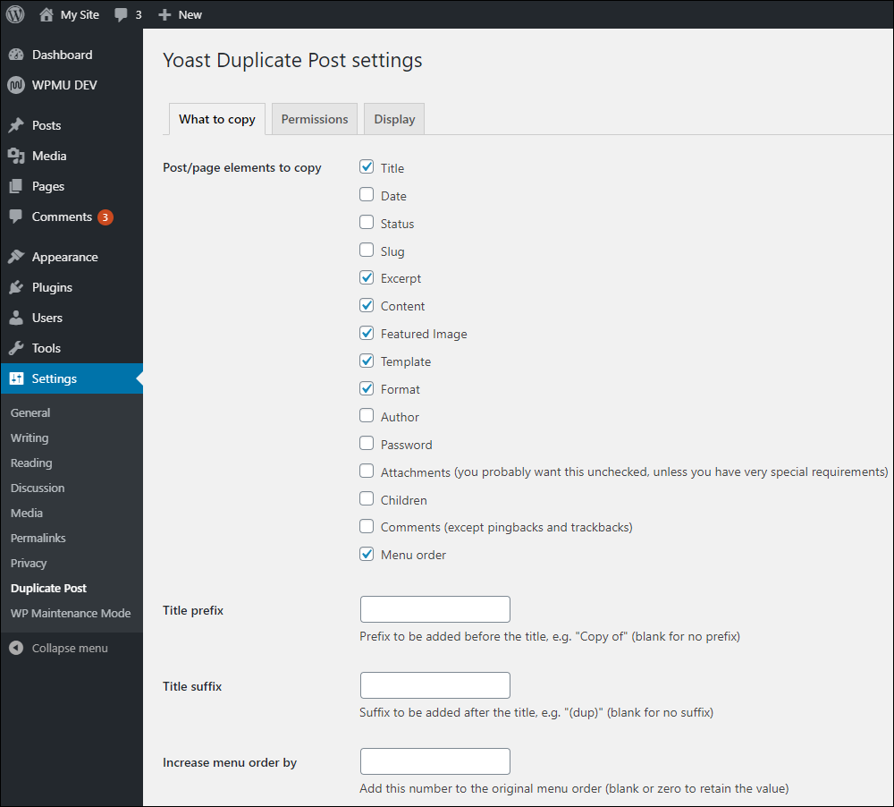 Yoast Duplicate Post settings screen.