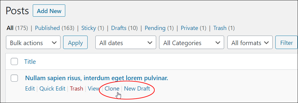 Yoast Duplicate Post plugin - Clone and New Draft links