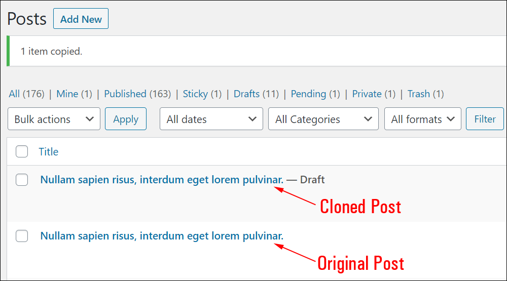 WordPress Table of Posts showing cloned and original posts.