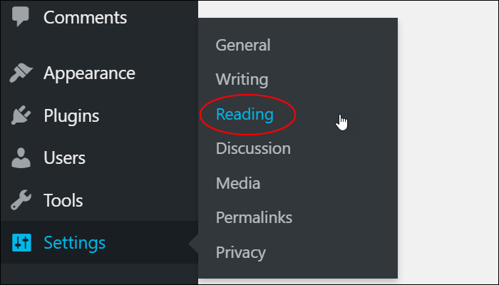 WordPress Settings menu - Reading.