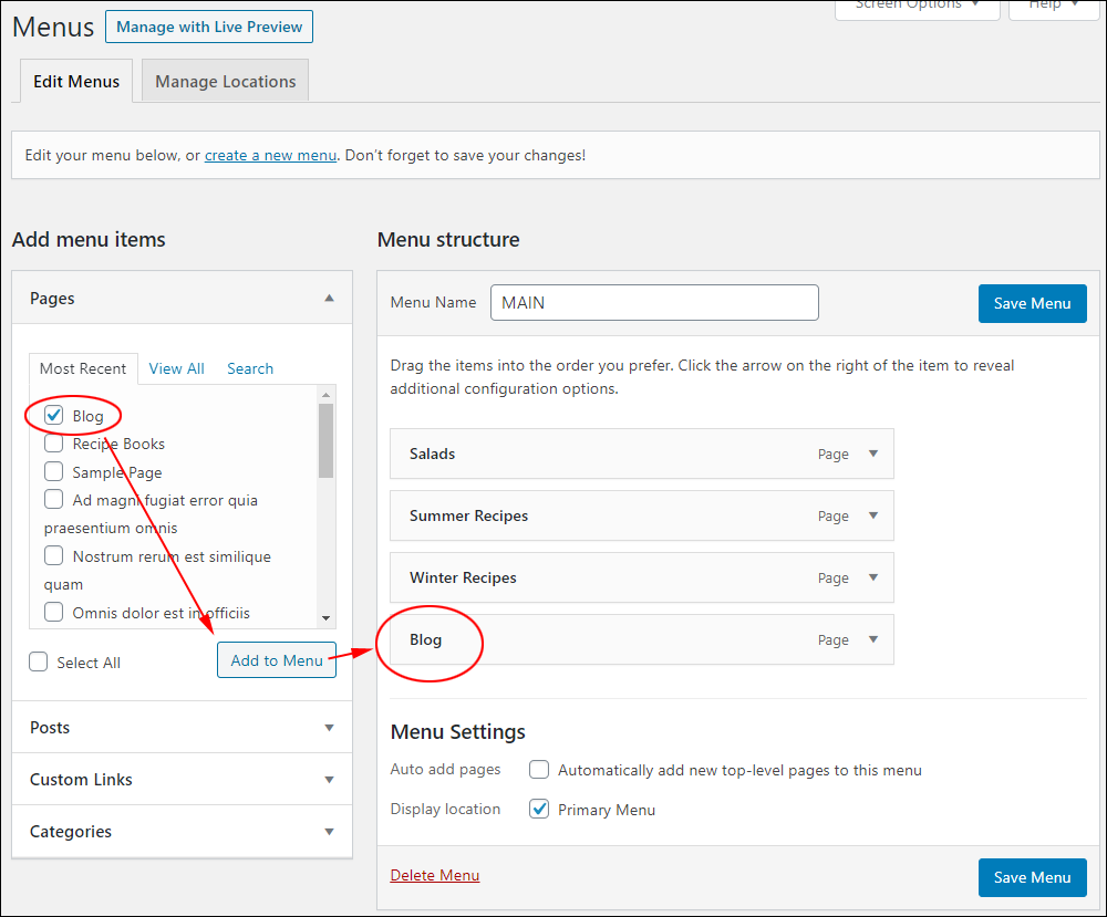 WordPress Menus screen