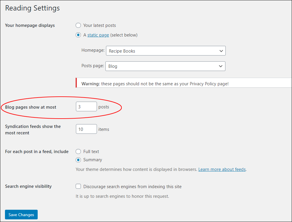 WordPress Reading Settings - Blog pages show at most field highlighted.