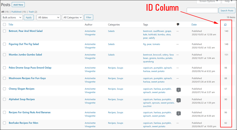 Table of Posts with ID Column added.