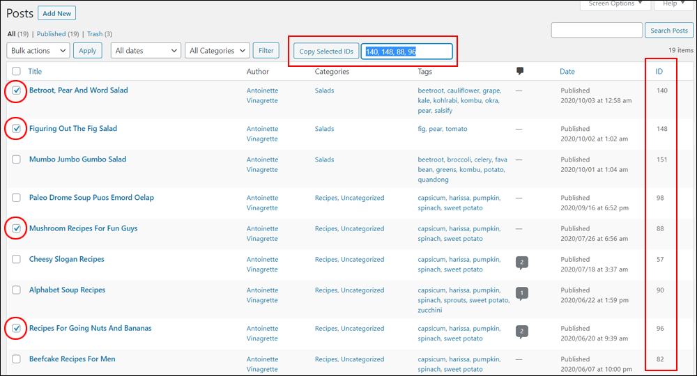 Table of Posts with Post ID copy functionality.