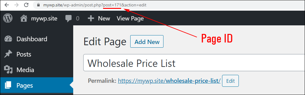 Page ID displayed in URL field of web browser.