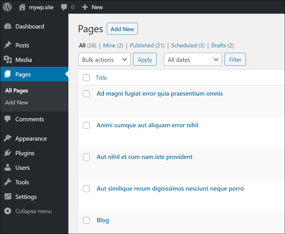 WordPress Pages Screen