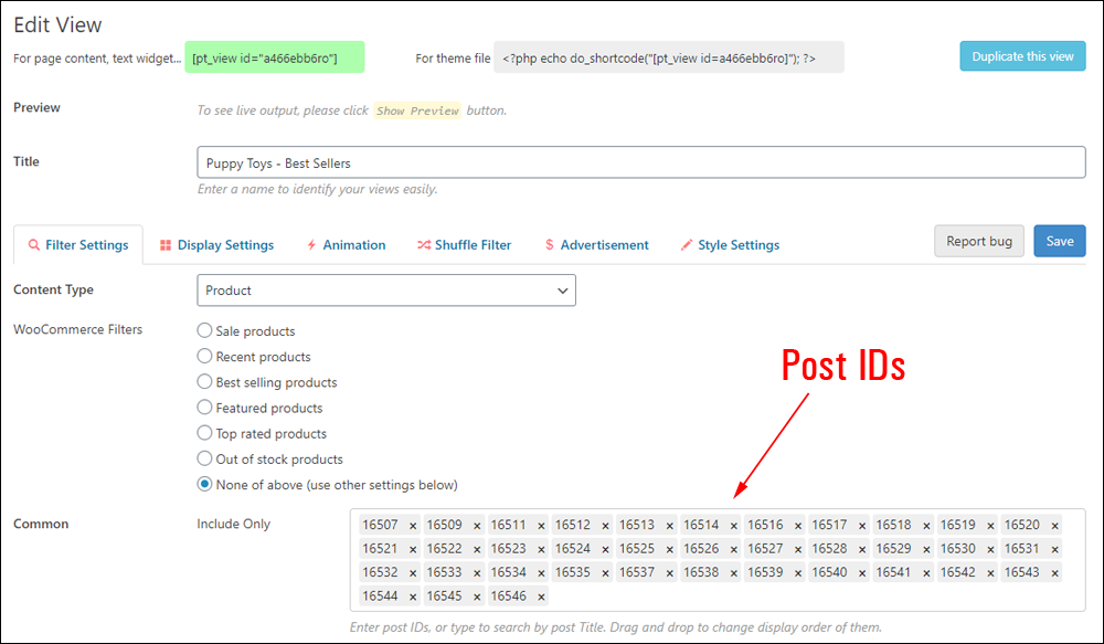 Post IDs used to build a custom list.