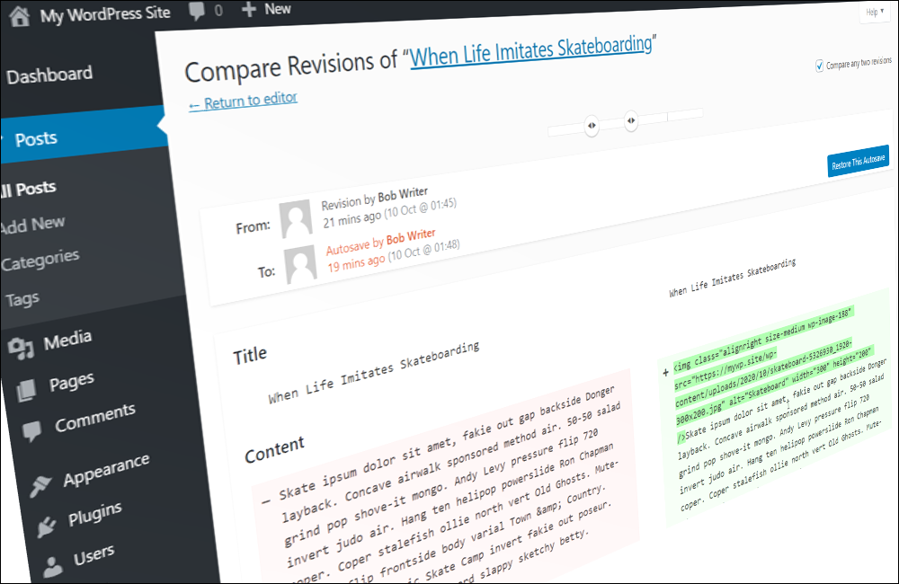 WordPress post revisions screen.