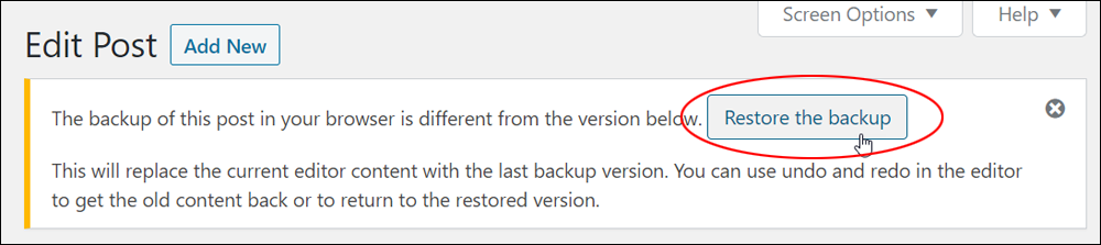 WordPress Edit Post screen - Restore the backup button.