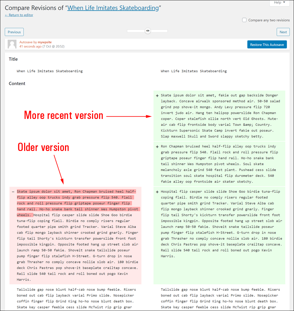 Compare revisions screen.