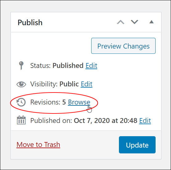 WordPress Publish box - Revisions