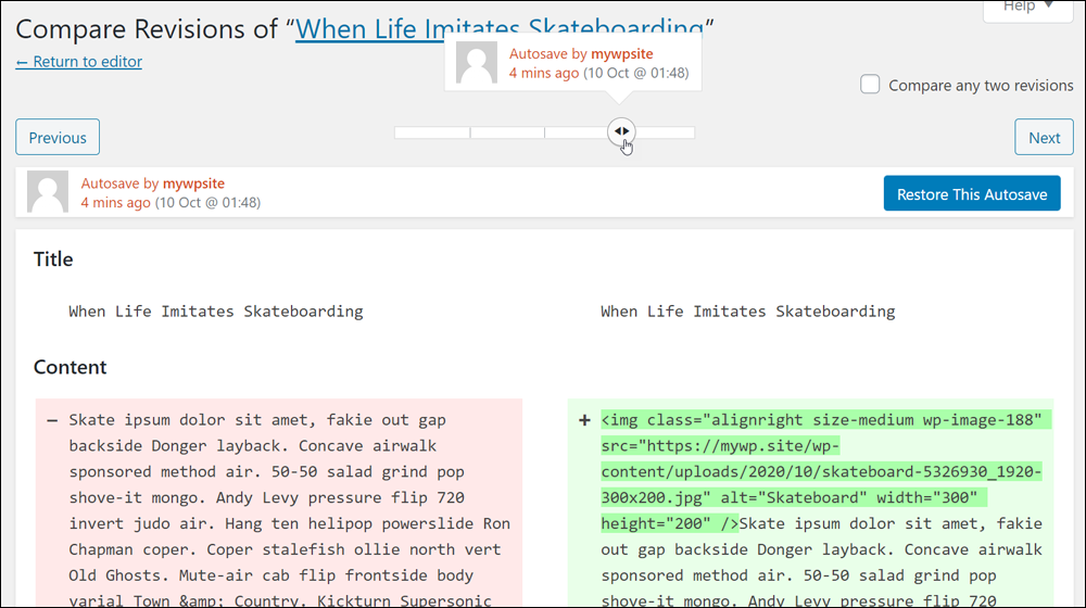 WordPress Compare Revisions screen.