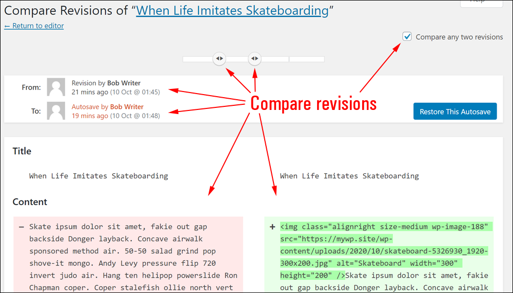 Compare Revisions screen with compare any two revisions checkbox enabled.