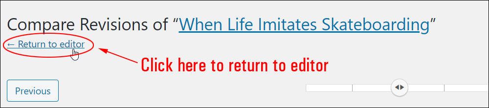 Compare Revisions screen - Return to editor link.