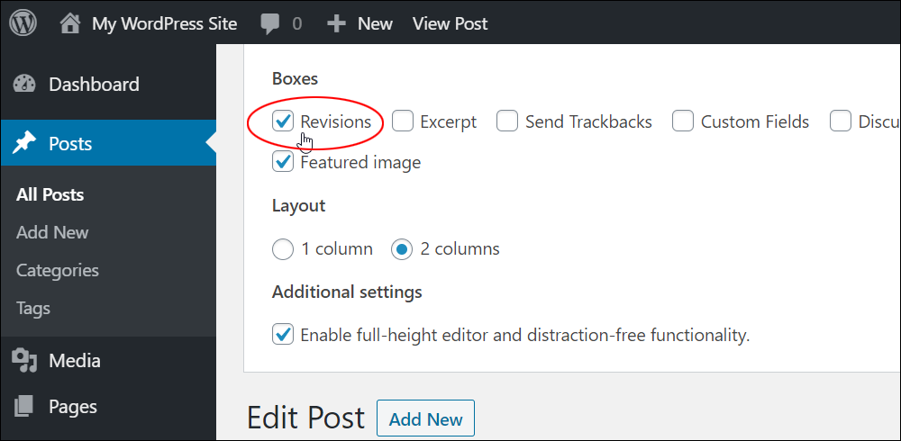 Post Editor: Screen Options - Boxes - Revisions checkbox