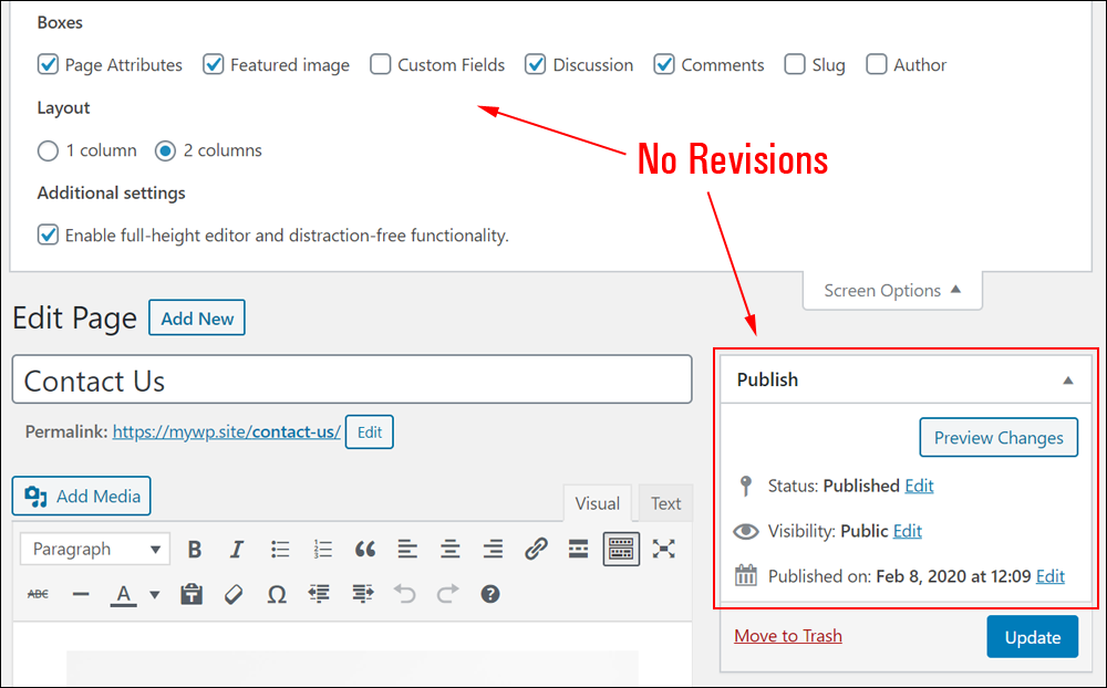 WordPress Screen Options - No revisions checkbox