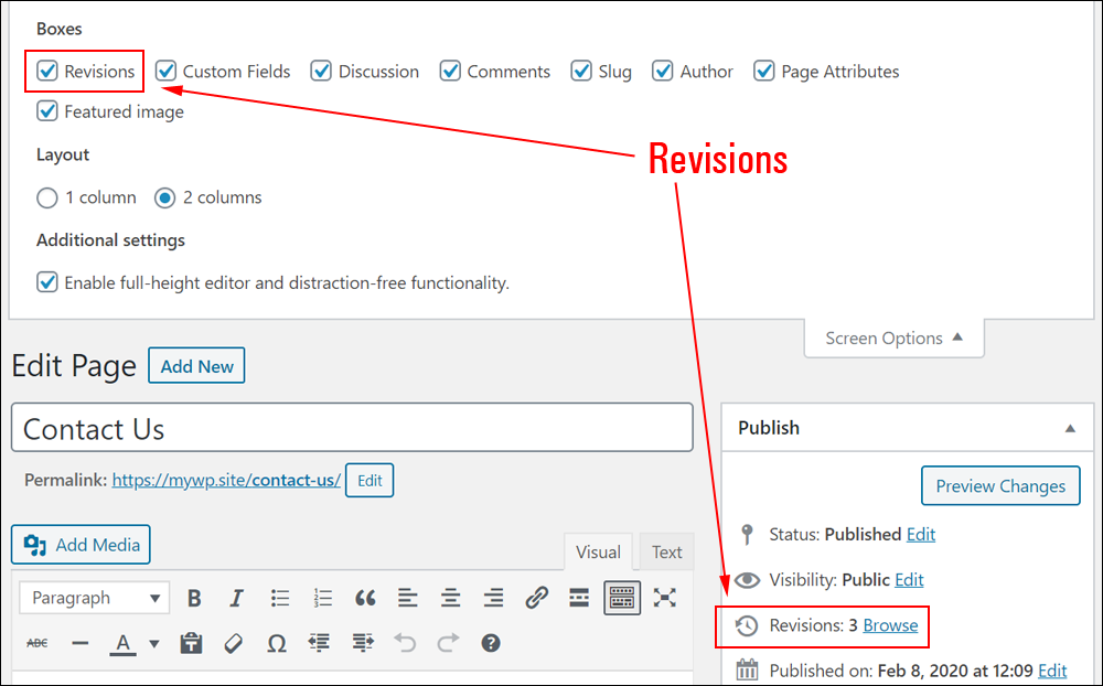 WordPress Screen Options - Revisions checkbox