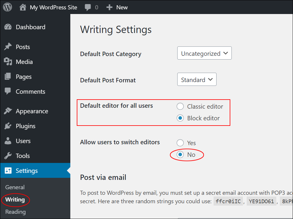 Writing Settings screen - Editor options. 