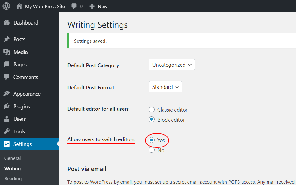 Writing Settings screen - Allow users to switch editors section.