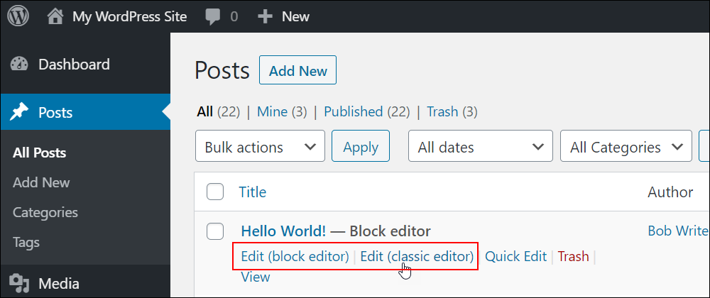 Posts screen with links to editing content using the block or classic editor.