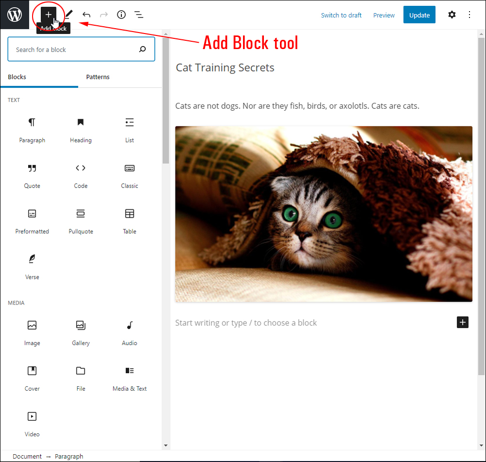 WordPress Block Editor - Add Block tool