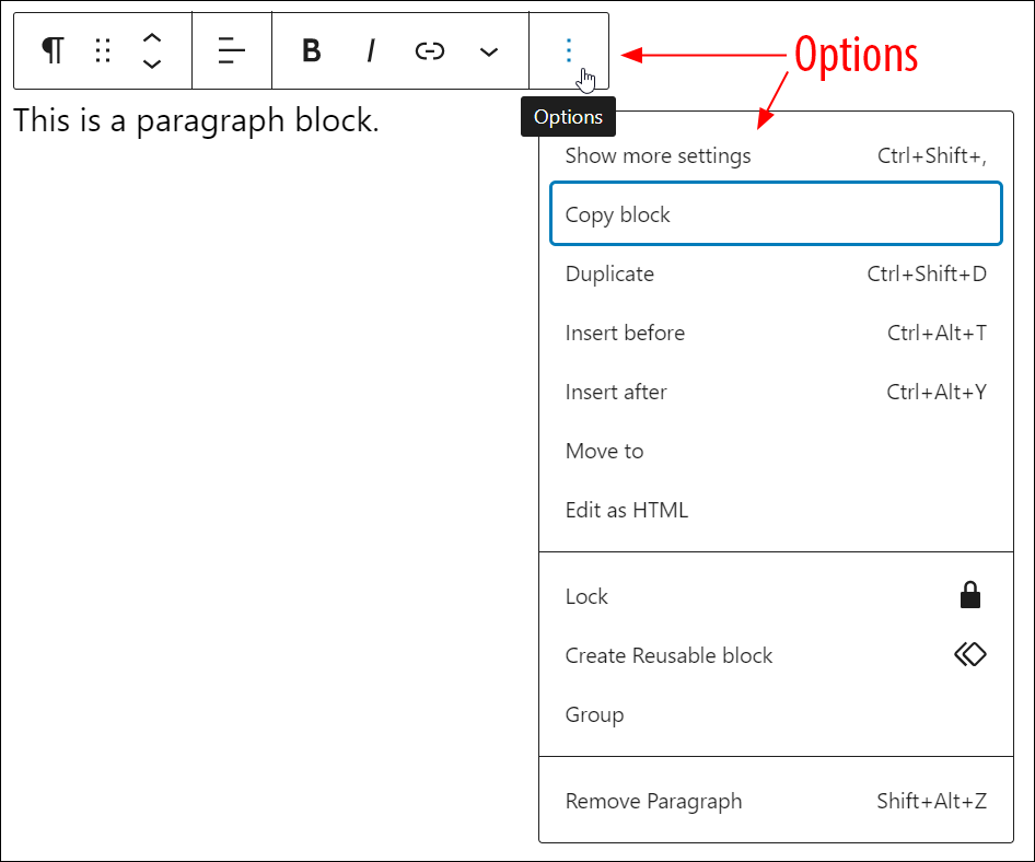 WordPress Block Editor - More Options Menu.